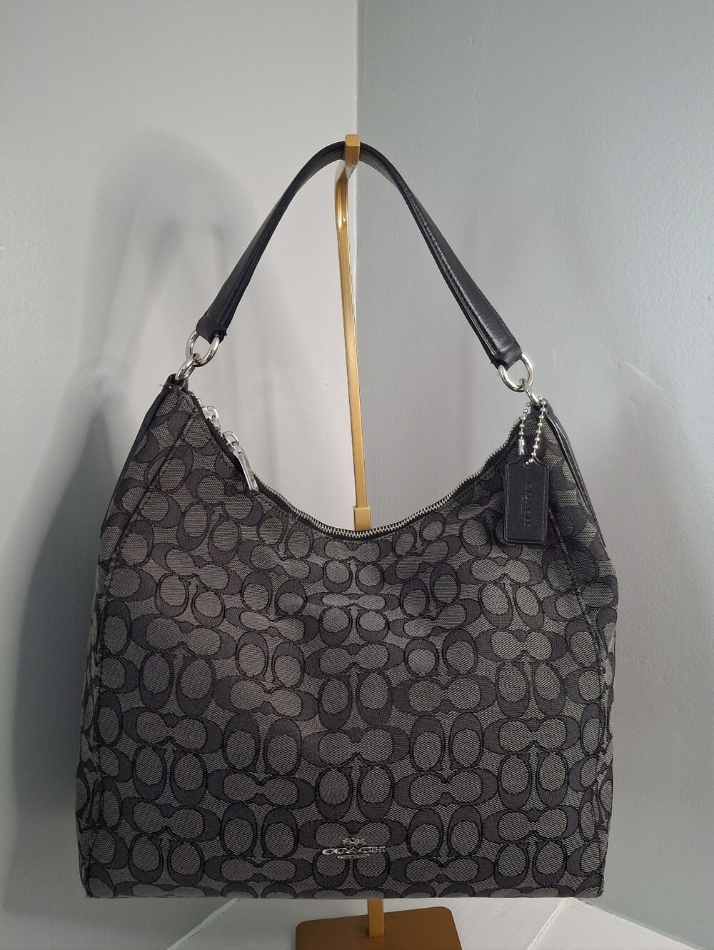 Coach Celeste Signature Hobo Shoulder Bag F58327 Gray/Black EUC